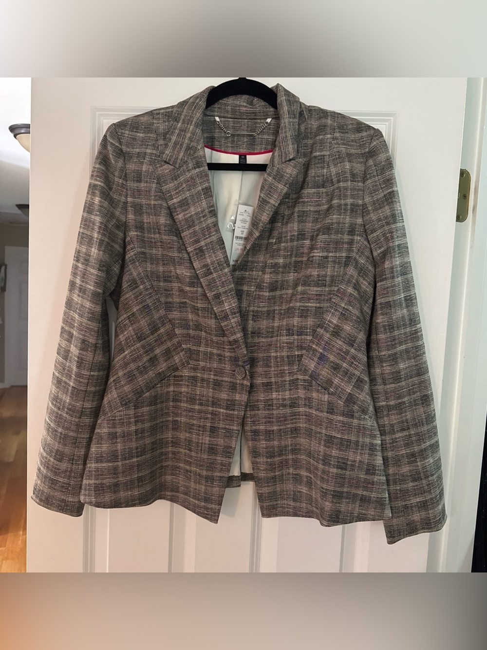 Women’s Plaid Single-Button Blazer Jacket - Gray red brown